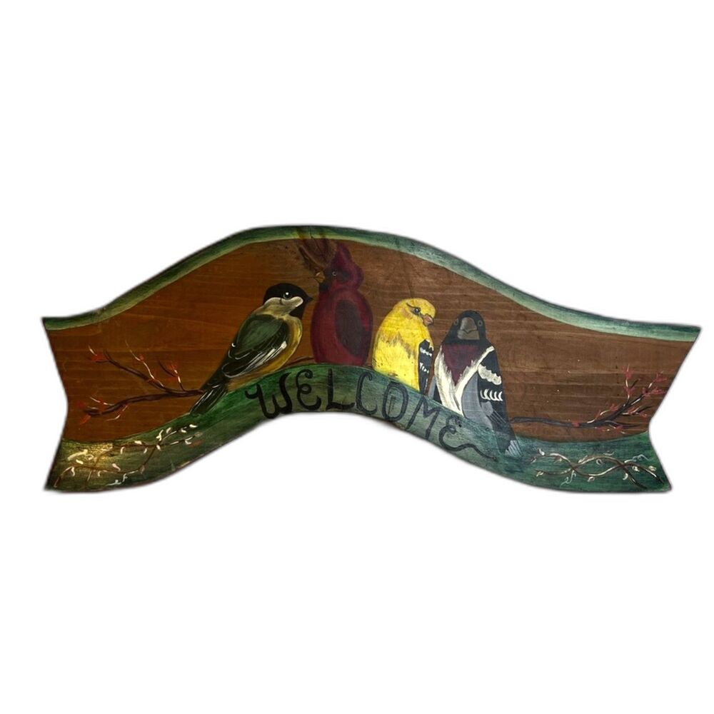 Hand Painted Wooden Curved WELCOME Sign Birds & Branches Rustic